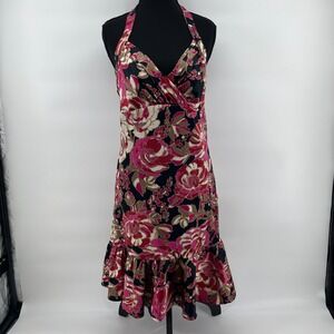 GUESS Y2K Floral‎ Satin Halter Midi Dress Pink Black Ruffle V Neck Size 9